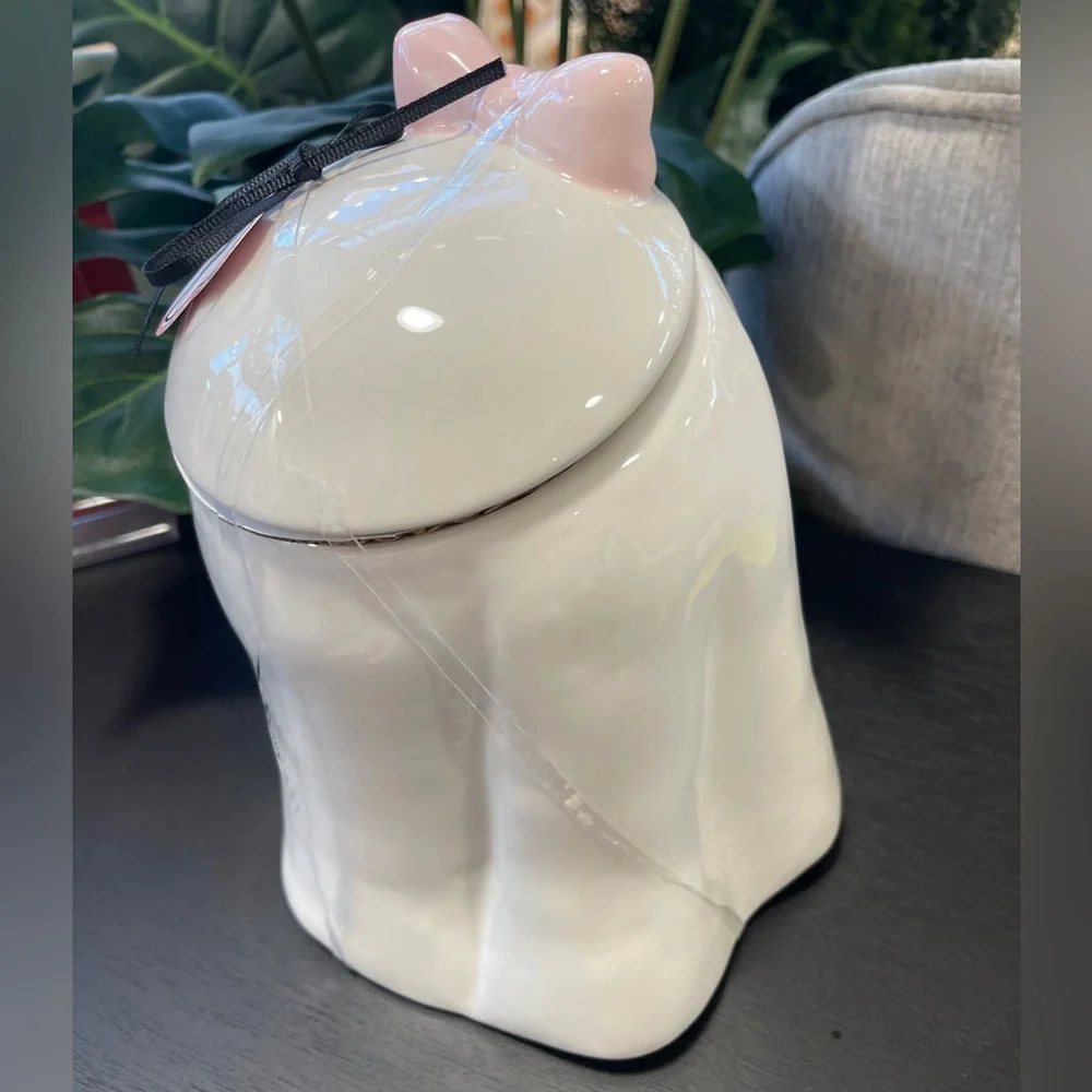 Pink Halloween Ghost Dog w/ Pink Bow & Pink Pumpkin Ceramic Cookie Jar NWT